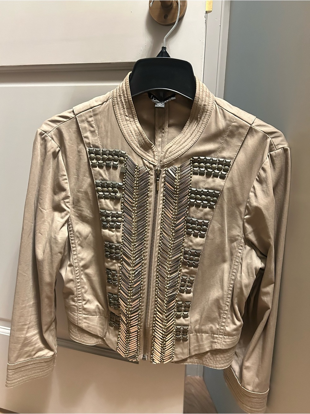 bebe Beige Embellished Bomber Jacket